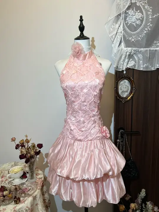 Pink halter neck slim waist flower bud cute short skirt homecoming dress R4243