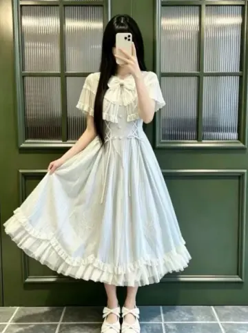 Pretty Pale Blue Plaid Long Dress ,A-Line Puff Sleeves Cinched Waist Fairy Dress RS770