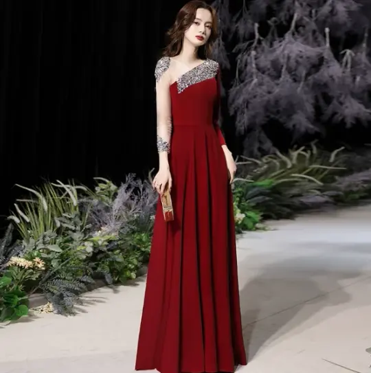 Sparkly Burgundy Prom Gown , Sequins Glitter Satin Corset Maxi Evening Dress RS1404