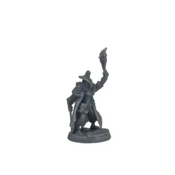 A photograph of a second unpainted, 3D-printed grey resin miniature of a male vampire hunter. This figure wears a wide-brimmed hat and a long coat, holding a flaming torch high in his left hand and a sword pointing down in his right.
