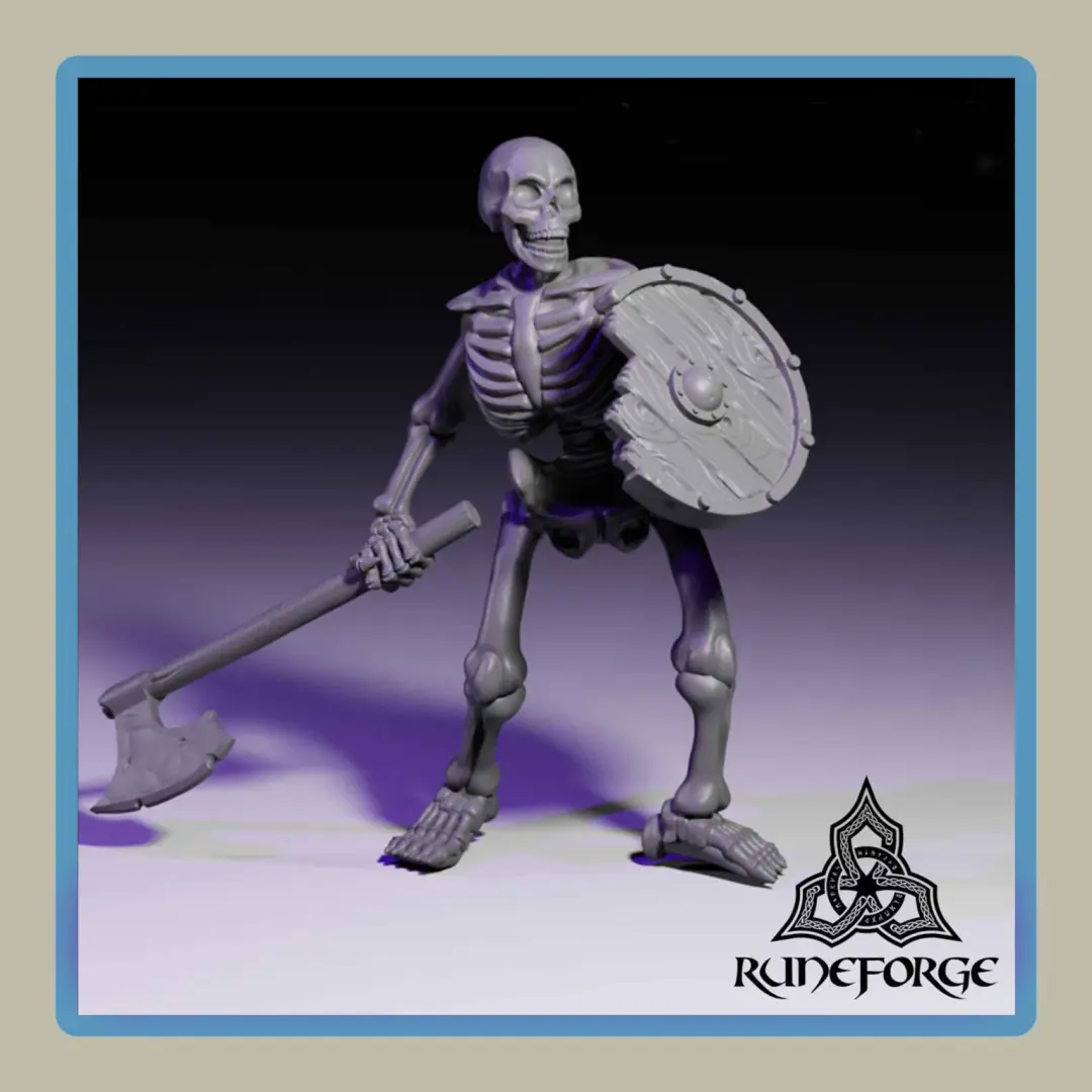 render of 28mm miniature undead unarmored skeleton with axe and shield