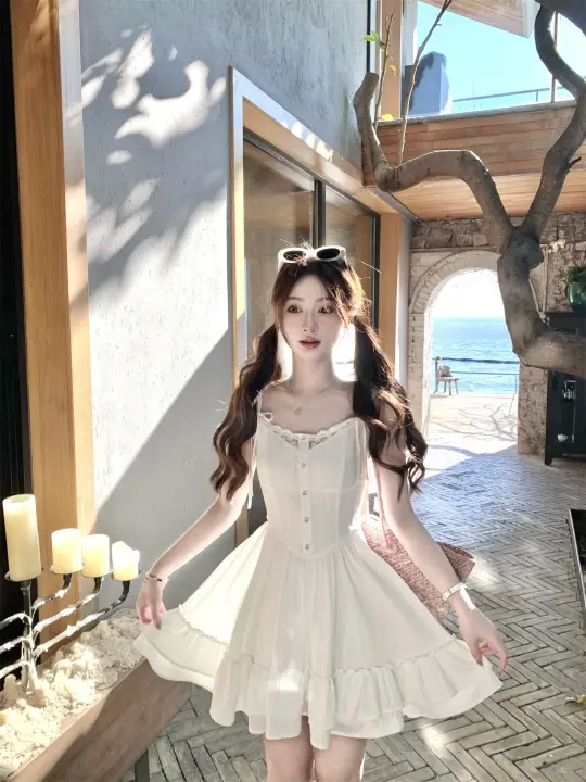 First Love Sweet White Suspender Dress Women's Summer Little White Dress R3827