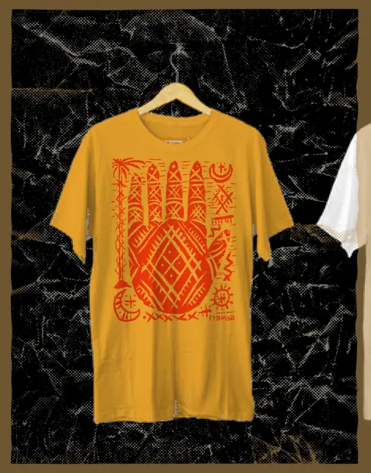 Hamsa Tee (rustic red on golden yellow)