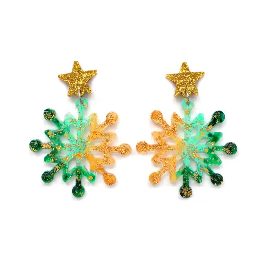 Emerald and Gold Snowflake Winter Resin Acrylic Earrings