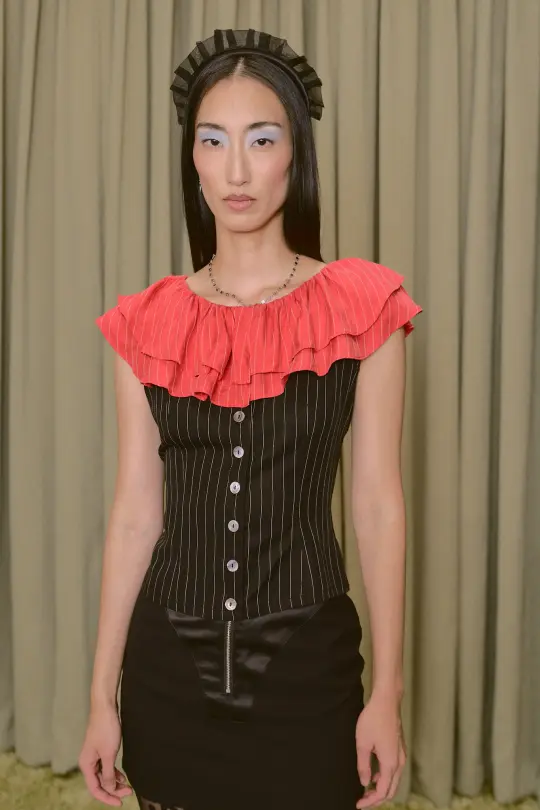Woven Tencel Stripe Ruffle Collar Button Down Tank Black/Red