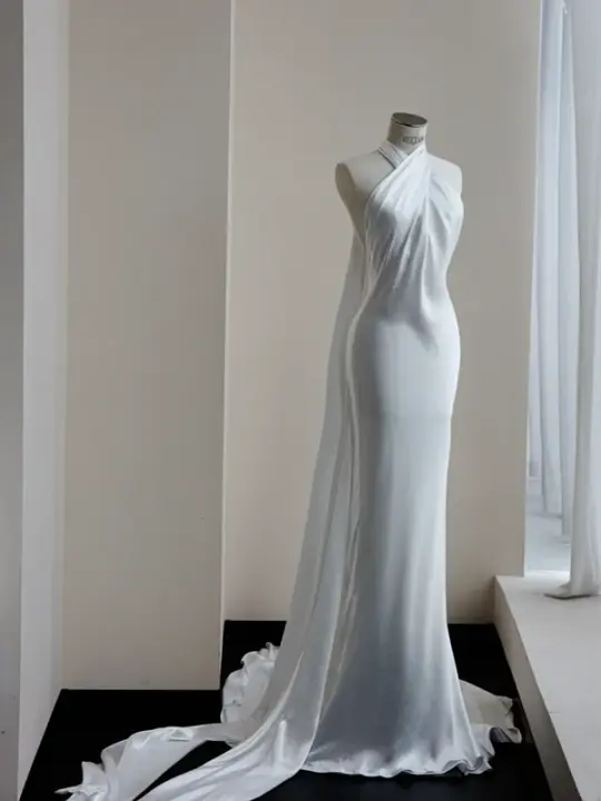 White halter neck slim waist hip-hugging elegant fishtail skirt, prom dress R5646