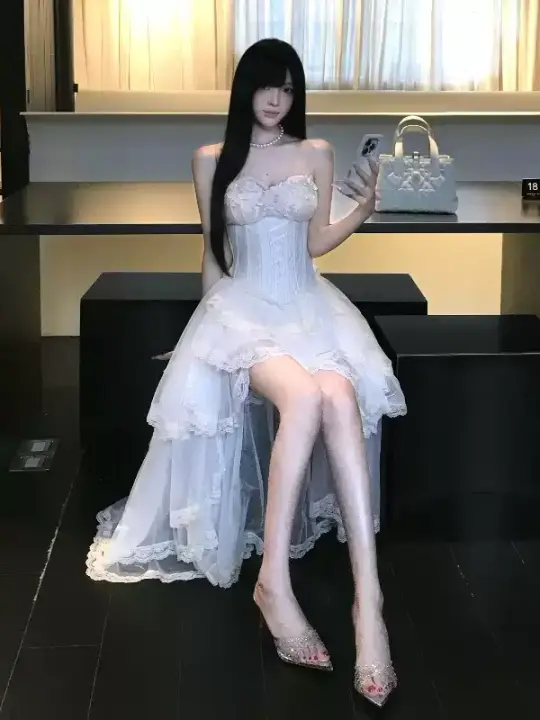 High-end elegant strapless asymmetrical dress R9086
