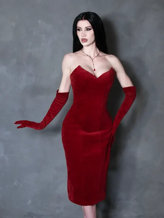 PRE-ORDER - Serpentine Wiggle Dress in Crimson with Matching Gloves