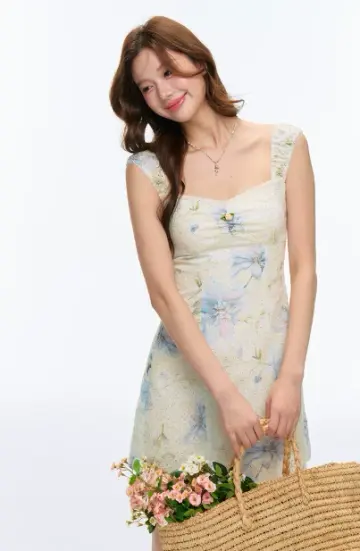 Dreamy Light Floral Mini Dress with Lace Trim, Ruched Front, 3D Flower Accent and Ruffled Shoulder Straps R9245