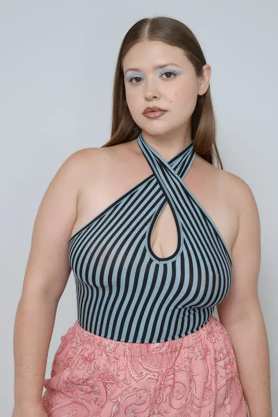 Plunge Stripe Wool Blend Halter Top Blue