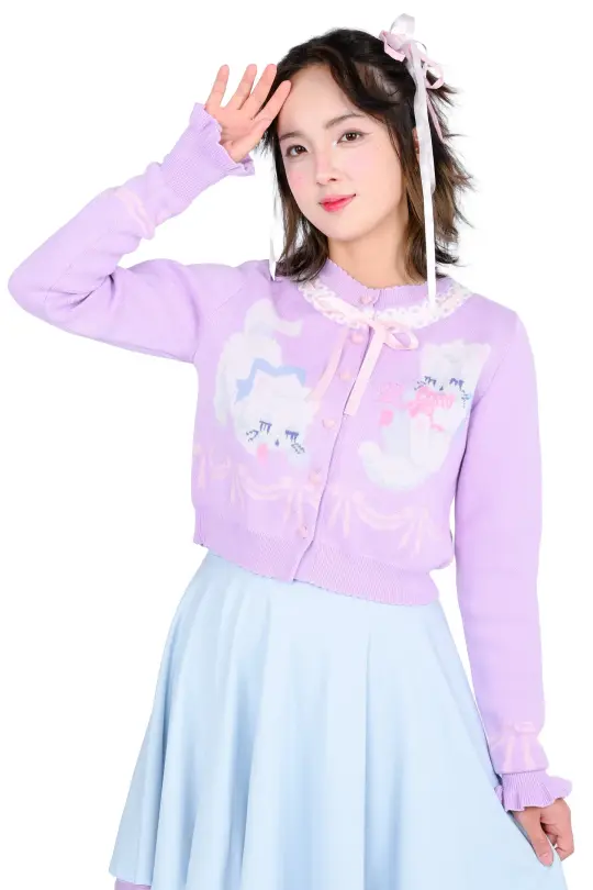 Sleepy Kittens Cropped Cardigan - Lilac