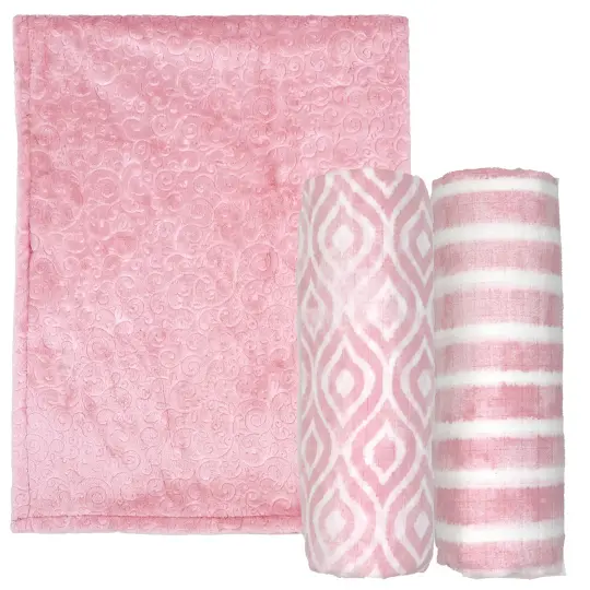 3 Stories Trading Company Baby Boys and Baby Girls 3 Piece Embossed Baby Blanket Gift Set, Coral