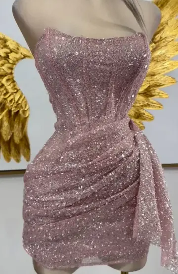 Elegant Dusty Pink Glitter Sheath Strapless Bodycon Mini Prom Dress Homecoming Dress RS562