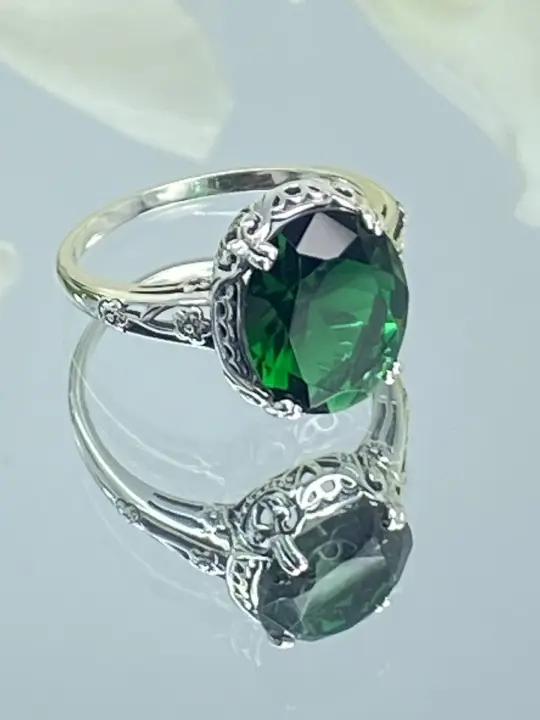 Emerald Green Ring, Edwardian Antique Reproduction Filigree Jewelry #D70z