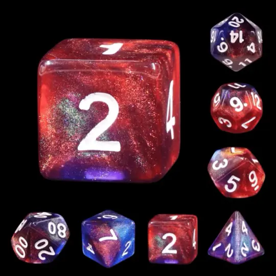 Cosmic Stars Dice Set – 7-Piece Red Purple Galaxy Glitter DnD Dice
