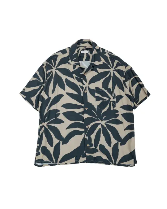 ts(s) Open Collar Short Sleeve Shirt Leaf Print Viscose Cloth Navy