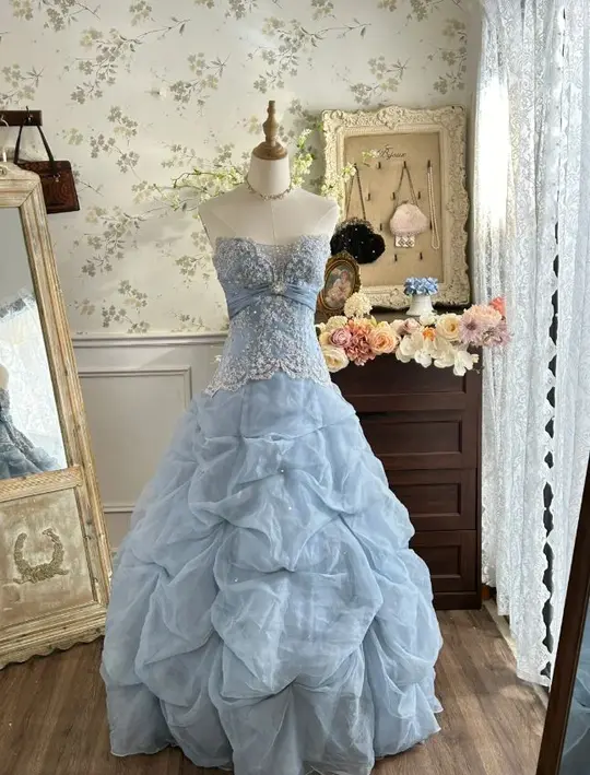 Elegant Pale Blue Ball Gown Strapless Long Women Dress with Lace Birthday Dress Prom Dress RS100
