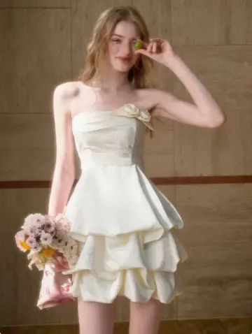 Cute Ivory Ruffled A-line Strapless Applique Corset Mini Prom Dress Homecoming Dress RS471