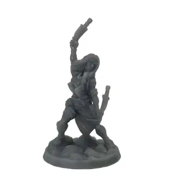 Unpainted 32mm 3D-printed female rogue lunging with a curved dagger at the top of an overhead strike — tabletop RPG miniature for D&D, Pathfinder & wargaming