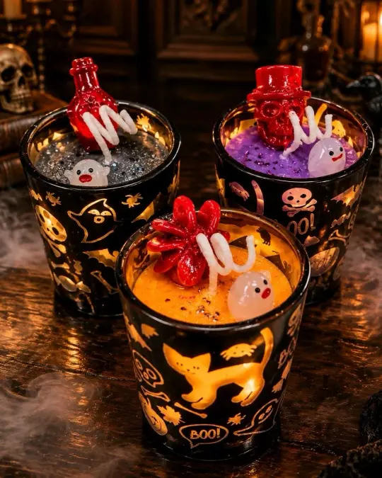 Artisan One Moon Flame Ghouls Night Out Halloween Pumpkin Shot Glass Candle Set