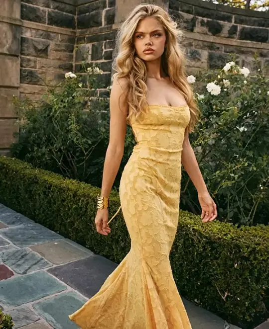 Yellow Floral Jacquard Mermaid Maxi Dress with Lace-Up Back R9137