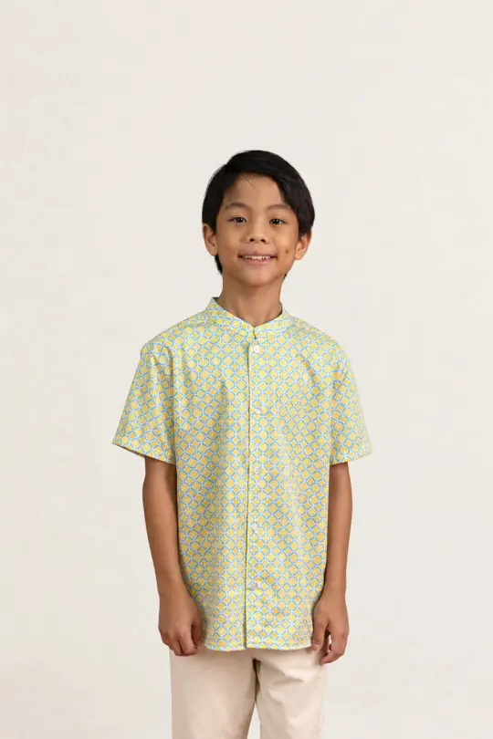 Mandarin-collared Shirt - Yellow Blue Mosaic