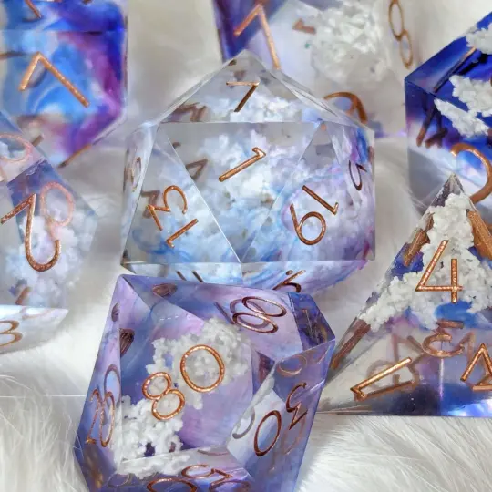 Clouds Dice Set – Sharp Edge Blue Purple Sky DnD Dice with Cloud Inclusions | Fennek & Finch