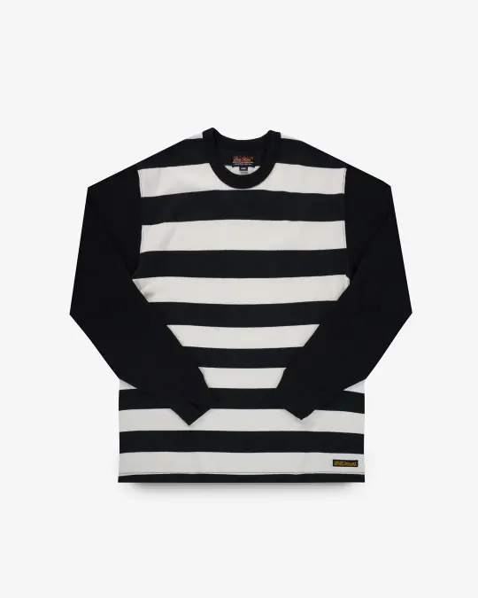 11oz Cotton Knit Long-Sleeved Sweater - Striped Body with Black Arms