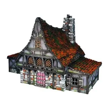 Crimson Hearth Manor 28mm 3D printed medieval fantasy town terrain, painted example, three-quarter view