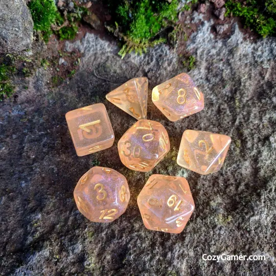 Creamsicle Sparkles Dice Set – Translucent Orange with Pink & Blue Glitter