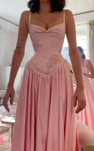 Sexy Pink A-Line Spaghetti Straps Corset Maxi Summer Dress Prom Dress RS547