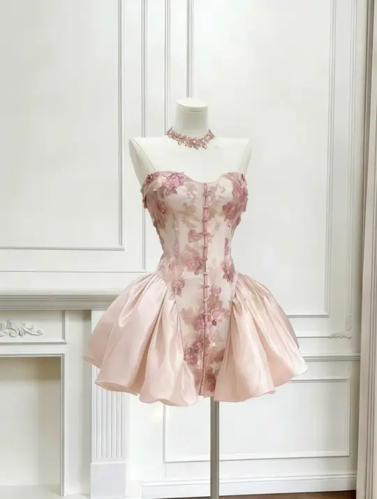 Stunning Pink Homecoming Dress , Silky Chiffon Applique Corset Short Prom Dress RS1759