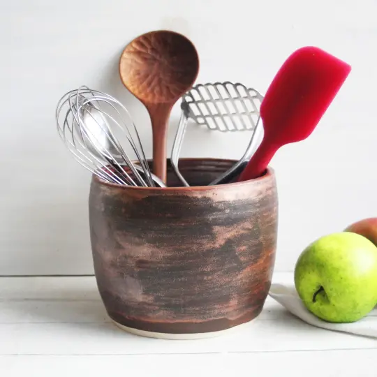 Rustic Utensil Holder in Distressed Copper Glaze, Handmade Ceramic Crock