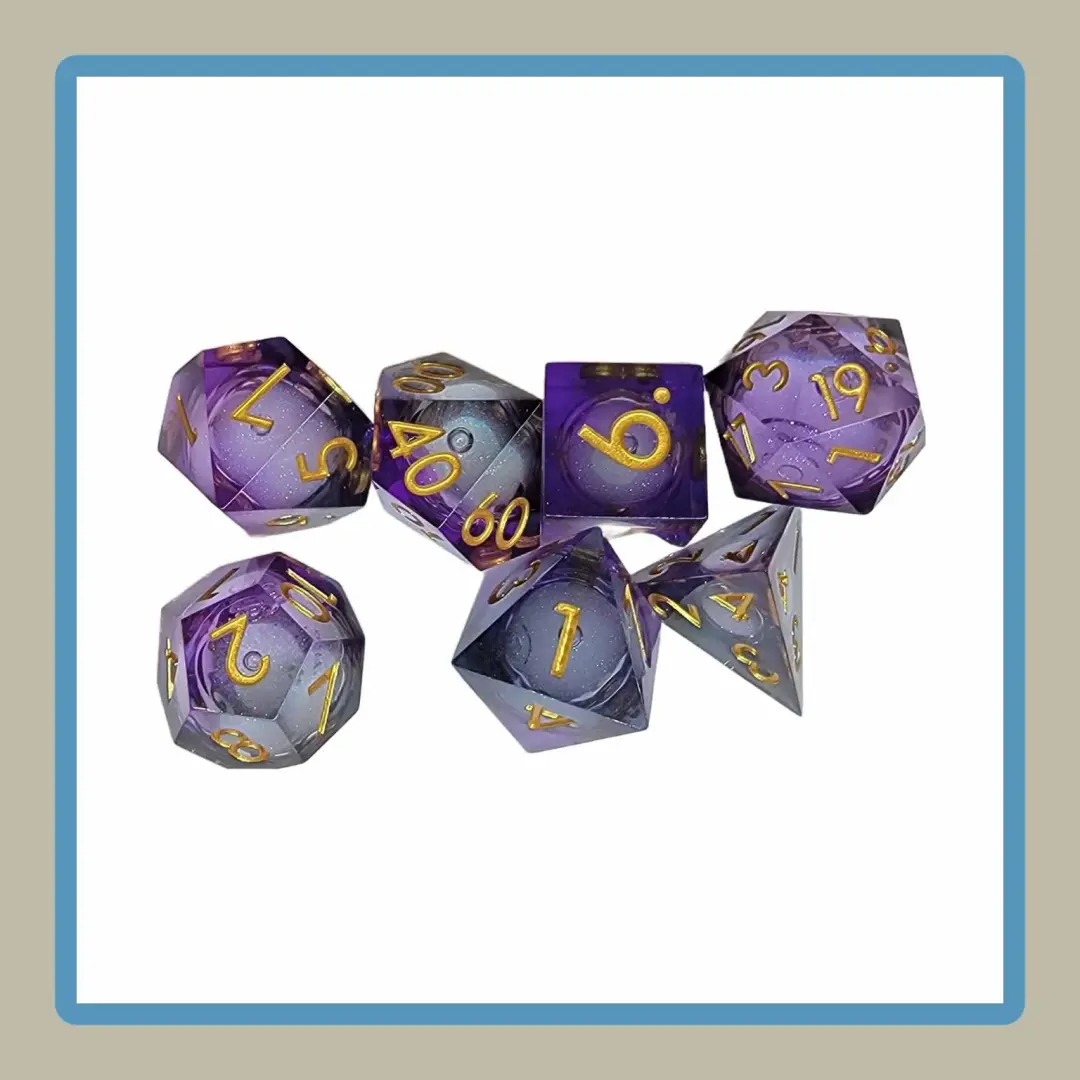 rpg dice in black and purple with liquid core