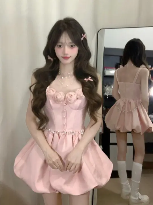 Cute pink suspender dress women's summer daughter heavy industry party dress flower bud skirt homecoming dress R3005
