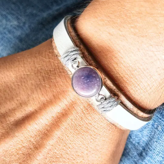 OOAK Amethyst Leather Bracelet — Icy White & Tan