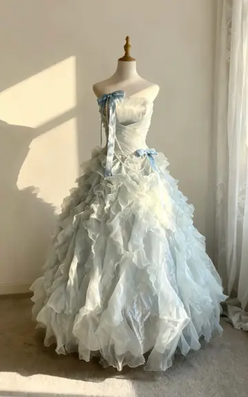 Light gray-blue strapless, fitted waist, full skirt, long ball gown R9045