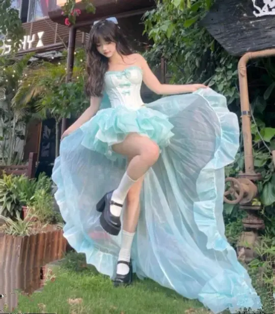Dreamy Tulle Tiered Hi-Lo Women's Homecoming Dress Blue Waist Fitted Short Prom Gown Birthday Dress RS3366
