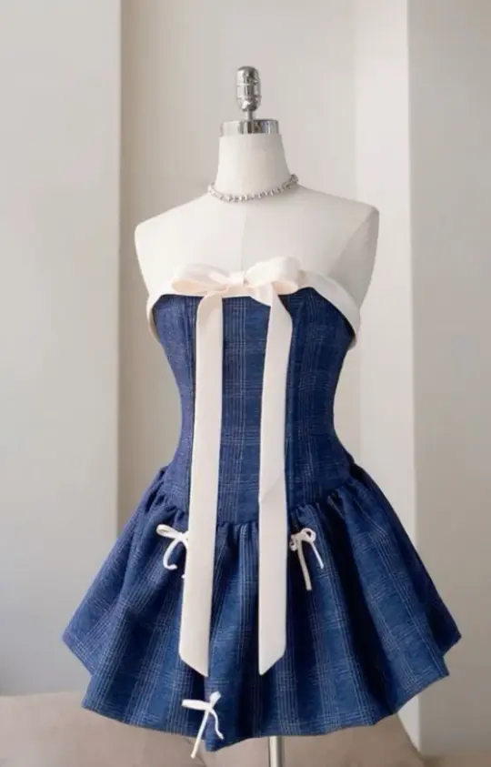 Cute Navy Plaid Homecoming Dress ,A-Line Strapless Bowknot Decor Short Prom Dress RS954