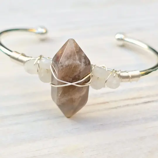 Sunstone & Moonstone Wire Wrap Cuff in 925 Silver Over Copper