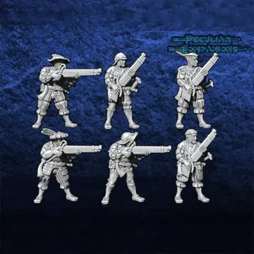 Unpainted 28mm 3D-printed landsknecht arquebusiers, 6 miniatures — tabletop miniatures for historical wargaming, D&D & Pathfinder