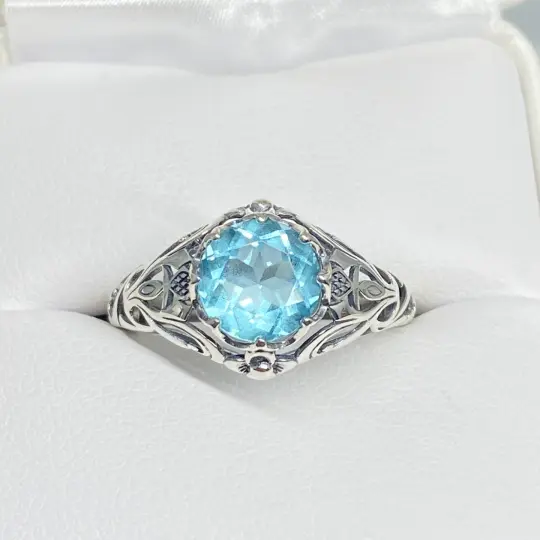Sky Blue Topaz Ring, Size 8.5, Daisy Filigree Victorian Jewelry #D66 - Ready to Ship
