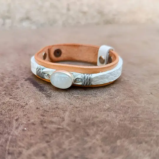 OOAK Moonstone Leather Bracelet | Sterling Silver & Raw Vachetta Leather