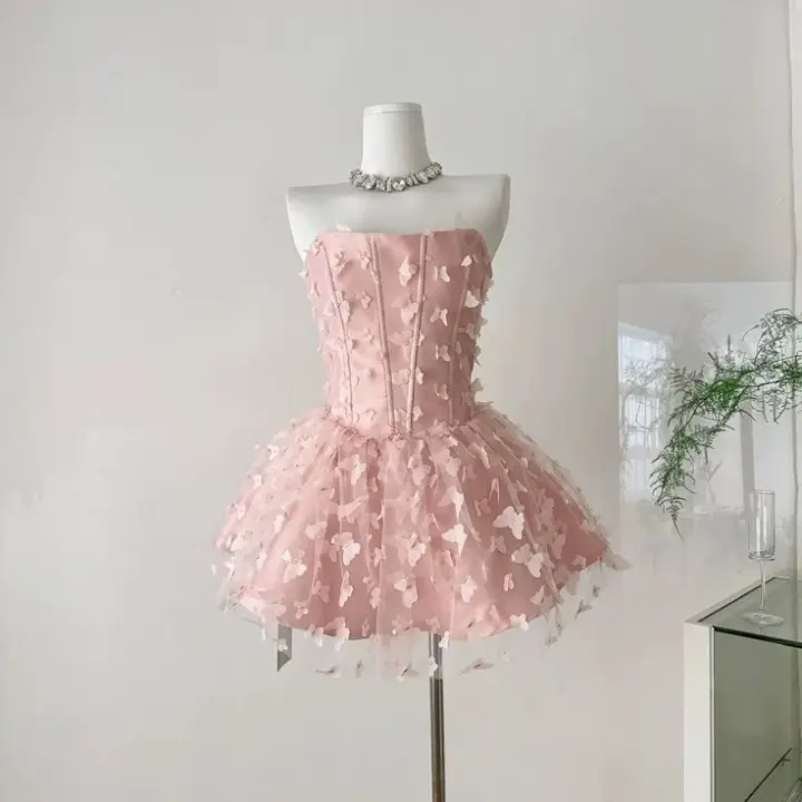 Pink tube top bow print waist slim A-line short skirt homecoming dress R3902