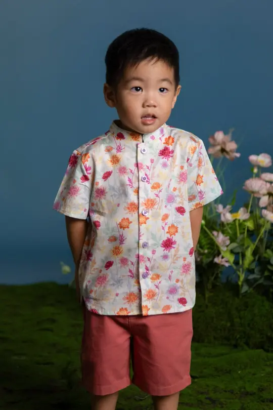 Mandarin-collared Shirt - Colourful Chrysanthemums (12Y left!)