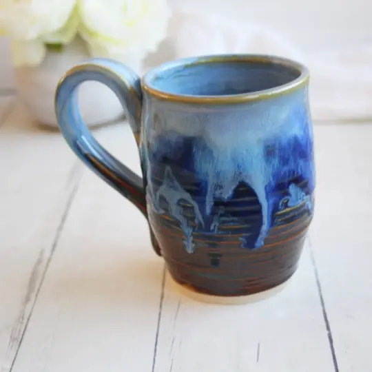 Handcrafted Pottery Mug in Dripping Blue  Glazes, 14 oz. Made in USA