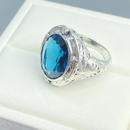 London Blue Topaz Ring, Size 10, Large Oval Ring, Victorian Jewelry Design#D2 - Ready to Ship