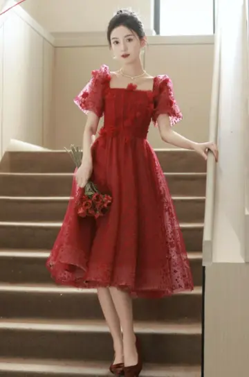 Elegant Burgundy A-Line Square Applique Corset Midi Birthday Dress Homecoming Dress RS583