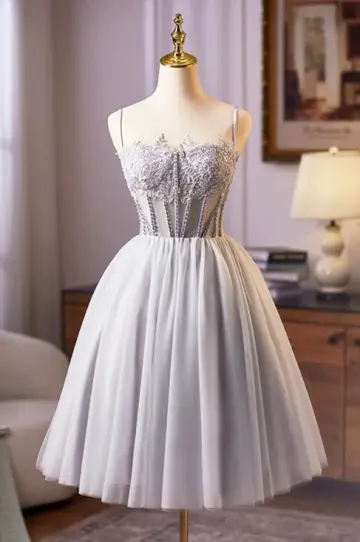 Elegant Sliver A-Line Spaghetti Straps Corset Mini Prom Dress Homecoming Dress RS577
