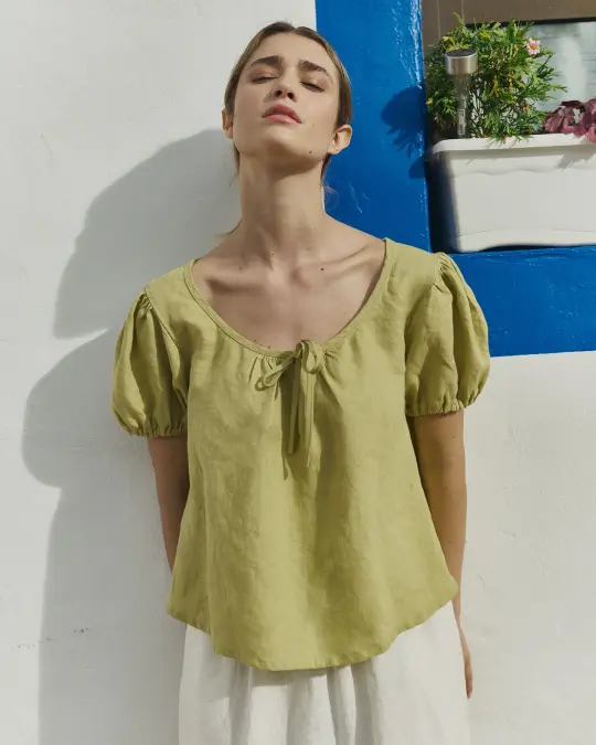 R: MILOS puff sleeve linen blouse (Color: Cinnamon Rose; Size: S)